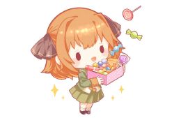 Rule 34 | 1girl, black ribbon, blush, box, brown hair, candy, chibi, commentary, food, full body, green jacket, green sailor collar, green skirt, hachijou (kancolle), hair ribbon, highres, holding, holding box, jacket, kantai collection, lollipop, long sleeves, nada namie, open mouth, pom pom (clothes), ribbon, sailor collar, school uniform, serafuku, simple background, skirt, solo, sparkle, symbol-only commentary