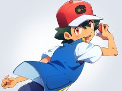 Rule 34 | 1boy, ameiro pk, ash ketchum, baseball cap, commentary, creatures (company), fingernails, game freak, green hair, hat, holding, holding poke ball, jacket, looking at viewer, looking back, male focus, nintendo, poke ball, poke ball (basic), pokemon, pokemon (anime), pokemon journeys, red eyes, red hat, shirt, short sleeves, solo, white background, white shirt