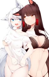 Rule 34 | 2girls, absurdres, akagi (azur lane), animal ear fluff, animal ears, azur lane, blue eyes, bra, breasts, brown bra, brown hair, brown panties, cleavage, clothes lift, commentary request, cowboy shot, fox ears, fox girl, fox tail, grabbing, grabbing another&#039;s breast, hand on another&#039;s chest, hand under clothes, highres, kaga (azur lane), large breasts, long hair, looking at another, multiple girls, navel, open mouth, panties, red eyes, samip, shirt, shirt lift, shirt tug, short hair, short sleeves, smile, stomach, tail, teeth, underwear, upper body, upper teeth only, white hair, white panties, white shirt, yuri