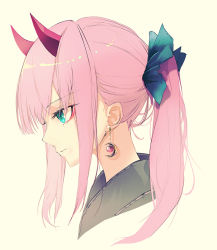 Rule 34 | 1girl, alternate hairstyle, bad id, bad pixiv id, blue eyes, collar, crescent, crescent earrings, darling in the franxx, earrings, eyelashes, eyeliner, from side, hair tie, horns, jewelry, kooemong, makeup, oni horns, pink hair, ponytail, portrait, red horns, sidelocks, simple background, solo, tan background, zero two (darling in the franxx)