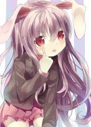 Rule 34 | 1girl, akanbe, animal ears, bad id, bad pixiv id, commentary request, eyelid pull, jacket, long hair, long sleeves, looking at viewer, opopowa, purple hair, rabbit ears, red eyes, reisen udongein inaba, shirt, skirt, solo, striped, striped background, tongue, tongue out, touhou, vertical stripes, very long hair