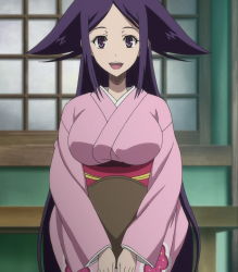 Rule 34 | 1girl, breasts, highres, japanese clothes, kimono, large breasts, long hair, mushibugyou, oharu (mushibugyou), purple eyes, purple hair, tagme