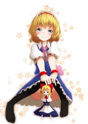 Rule 34 | 1girl, :&lt;, alice margatroid, blonde hair, blouse, blue eyes, blush, capelet, censored, convenient censoring, doll, floral background, frills, full body, hairband, hands on own knees, highres, kameyan, knees together feet apart, looking at viewer, neck ribbon, ribbon, sash, shanghai doll, shirt, short hair, sitting, skirt, smile, solo, thighhighs, touhou, wrist cuffs
