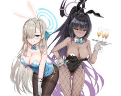 Rule 34 | 2girls, alternate costume, animal ears, asuna (blue archive), asuna (bunny) (blue archive), bare shoulders, black hair, black leotard, blue archive, blue eyes, blue leotard, blush, bow, bowtie, breasts, brown legwear, cleavage, commentary request, covered navel, curvy, dark-skinned female, dark skin, detached collar, elbow gloves, eric (tianqijiang), fake animal ears, fishnet legwear, fishnets, gloves, grin, hair over one eye, halo, highleg, highleg leotard, highres, karin (blue archive), karin (bunny) (blue archive), large breasts, leotard, light brown hair, long hair, looking at viewer, mole, mole on breast, multiple girls, official alternate costume, pantyhose, playboy bunny, ponytail, rabbit ears, shiny clothes, shiny skin, sidelocks, smile, strapless, strapless leotard, thighs, traditional bowtie, very long hair, white gloves, wide hips, wrist cuffs, yellow eyes