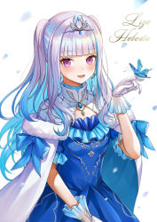 Rule 34 | 1girl, alternate costume, animal, animal on hand, blue bow, blue butterfly, blue dress, blue hair, blunt bangs, blush, bow, breasts, bug, butterfly, cape, character name, commentary request, dress, earrings, falling petals, frilled dress, frills, gem, gloves, gradient hair, hair ornament, hand up, insect, jewelry, lize helesta, lize helesta (3rd costume), long hair, looking at viewer, medium breasts, multicolored hair, necklace, nijisanji, open mouth, petals, purple eyes, short sleeves, silver hair, smile, solo, two-tone hair, two side up, upper body, virtual youtuber, white background, white gloves, ziko