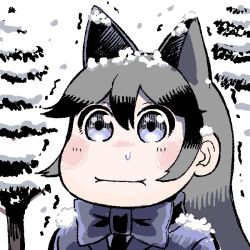Rule 34 | 10s, 1girl, :i, animal ears, blue bow, blue bowtie, blue eyes, blue jacket, blush, bow, bowtie, commentary request, fox ears, grey hair, hare (tetterutei), jacket, kemono friends, long hair, looking at viewer, multicolored hair, no nose, pine tree, portrait, silver fox (kemono friends), snot, snow, snowing, solo, tree, trembling, two-tone hair, upper body