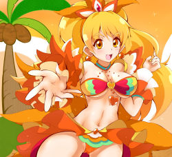 Rule 34 | 10s, 1girl, :d, adapted costume, alternate form, ashita wa hitsuji, blonde hair, blush, breasts, brooch, choker, cleavage, coconut, cowboy shot, cure honey, cure honey (coconut samba), detached sleeves, earrings, eyelashes, hair ornament, hairband, happinesscharge precure!, happy, heart, heart brooch, highres, jewelry, large breasts, long hair, looking at viewer, magical girl, name connection, navel, object namesake, oomori yuuko, open mouth, orange skirt, palm tree, ponytail, precure, skirt, smile, solo, tree, yellow eyes