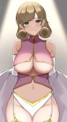 Rule 34 | 1girl, bare shoulders, blush, breasts, brown hair, cleavage, closed mouth, coat, cowboy shot, curly hair, elbow gloves, garter straps, gloves, gold trim, green eyes, grey background, grey coat, haruka (senran kagura), highres, large breasts, navel, open clothes, open coat, revealing clothes, senran kagura, short hair, simple background, smile, solo, spotlight, surippa1010, swept bangs, thighhighs, underboob, undressing, white gloves, white thighhighs