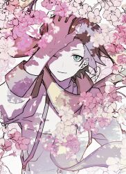 Rule 34 | 1boy, a d chi, arm up, black hair, blue eyes, cherry blossoms, closed mouth, commentary, dappled sunlight, english commentary, falling petals, floating scarf, from above, highres, looking at viewer, looking up, male focus, mochizuki ryouji, one eye closed, open hand, outdoors, persona, persona 3, petals, scarf, shirt, short hair, signature, smile, solo, sunlight, suspenders, upper body, white shirt, yellow scarf