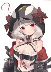Rule 34 | 1girl, ?, animal collar, animal hood, bare shoulders, black collar, black hair, black jacket, blush, braid, braided bangs, camisole, chest belt, collar, frilled camisole, frills, hair ornament, hairclip, head tilt, highres, hololive, hood, jacket, kanikichi, looking at viewer, medium hair, multicolored hair, off shoulder, open clothes, open jacket, orca hood, parted lips, red eyes, sakamata chloe, silver hair, solo, streaked hair, virtual youtuber, white camisole, x hair ornament
