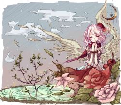 Rule 34 | 1girl, angel wings, blush, cape, cloud, flower, hair flower, hair ornament, hat, highres, original, own hands clasped, own hands together, pink flower, pink hair, pink rose, pond, red flower, red rose, ribbon, rose, shirt, skirt, sky, smile, solo, wings, wrist ribbon, yuya (night lily)