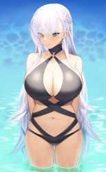 Rule 34 | absurdres, arms behind back, azur lane, bare shoulders, belfast (azur lane), bikini, black bikini, blush, braid, breasts, cleavage, cleavage cutout, closed mouth, clothing cutout, collarbone, cowboy shot, highres, large breasts, long hair, looking at viewer, lordol, navel, purple eyes, silver hair, smile, solo, stomach, swimsuit, very long hair, wading, water