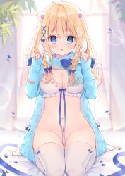 Rule 34 | 1girl, animal ears, bear ears, bed sheet, blue bow, blue eyes, blue jacket, blue ribbon, blue scarf, blush, bottomless, bow, bow bra, bra, braid, breasts, chestnut mouth, chihiro (khorosho), cleavage, commentary request, convenient censoring, curtains, fingernails, fringe trim, groin, hair bow, hair ribbon, hands up, highres, jacket, long hair, long sleeves, looking at viewer, medium breasts, navel, no shoes, open clothes, open jacket, original, parted lips, petals, ribbon, scarf, sitting, sleeves past wrists, snowflakes, solo, thighhighs, transparent, twin braids, underwear, wariza, white bra, white thighhighs, window