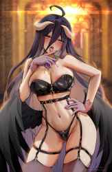 Rule 34 | 1girl, ahoge, albedo (overlord), black garter belt, black hair, black thighhighs, blush, breasts, contrapposto, demon girl, demon horns, demon wings, foxyreine, garter belt, gloves, gluteal fold, hand on own hip, highres, horns, jewelry, large breasts, licking, licking finger, lingerie, long hair, nail polish, navel, navel piercing, neck ring, overlord (maruyama), piercing, pink gloves, raised eyebrows, red nails, skindentation, sol, solo, thighhighs, tongue, tongue out, underwear, very long hair, wings, zipper, zipper pull tab