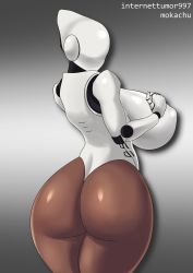 Rule 34 | 1girl, absurdres, android, artist name, ass, breasts, dark skin, dark-skinned female, female focus, from behind, grey background, hand on own chest, haydee (game), haydee (haydee), highres, huge ass, huge breasts, mokachu, solo, thick thighs, thighs, wide hips