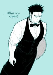 Rule 34 | 1boy, alternate costume, apron, aqua background, bara, black apron, bow, bowtie, collared shirt, feet out of frame, from above, greyscale with colored background, holding, holding tray, jujutsu kaisen, kusakabe atsuya, large pectorals, long sideburns, male focus, mature male, muscular, muscular male, pectorals, shirt, short hair, sideburns, solo, thick eyebrows, translation request, tray, waiter, wrinkled skin, yaso80hachi