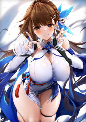 Rule 34 | 1girl, :d, bare shoulders, breasts, brown hair, china dress, chinese clothes, cleavage, cleavage cutout, clothing cutout, covered navel, double v, dress, elbow gloves, fingerless gloves, gloves, grin, hair ornament, highres, honkai (series), honkai impact 3rd, large breasts, li sushang, li sushang (jade knight), long hair, looking at viewer, open mouth, pelvic curtain, smile, solo, teeth, thighs, v, white dress, white gloves, xfate