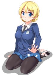 Rule 34 | 10s, 1girl, puff of air, arm support, black necktie, black pantyhose, blonde hair, blue eyes, blue skirt, blue sweater, braid, closed mouth, commentary, darjeeling (girls und panzer), dou-t, dress shirt, emblem, full body, girls und panzer, highres, lap pillow invitation, long sleeves, looking at viewer, miniskirt, necktie, no shoes, pantyhose, patting lap, pleated skirt, school uniform, seiza, shadow, shirt, short hair, simple background, sitting, skirt, smile, solo, st. gloriana&#039;s (emblem), st. gloriana&#039;s school uniform, sweater, twin braids, v-neck, white background, white shirt, wing collar