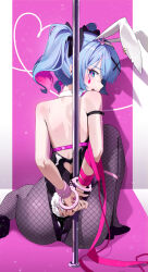 Rule 34 | 1girl, animal ears, arms behind back, ass, back cutout, bare back, bare shoulders, black footwear, black leotard, black pantyhose, black ribbon, blue eyes, blue hair, blush, bound, bound wrists, clothing cutout, colored inner hair, commentary, cuffs, fake animal ears, fishnet pantyhose, fishnets, from behind, hair ornament, hair ribbon, hairband, handcuffs, hatsune miku, heart, high heels, highres, hya ro, knee up, leotard, looking at viewer, looking back, multicolored hair, on ground, open mouth, pantyhose, pink background, pink hair, pink pupils, pink ribbon, playboy bunny, pole, pumps, rabbit ears, rabbit hair ornament, rabbit hole (vocaloid), restrained, ribbon, shoulder blush, sitting, smile, solo, strapless, strapless leotard, stripper pole, teardrop facial mark, teeth, twintails, two-tone hair, upper teeth only, white background, white hairband