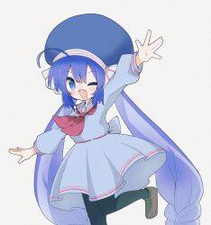 Rule 34 | 1girl, 7takada, ;d, ahoge, arm up, back bow, blue eyes, blue hair, blue hat, bow, braid, brown footwear, dress, fang, floating clothes, grey dress, hair ribbon, hat, highres, long hair, long sleeves, looking at viewer, low-braided long hair, low-tied long hair, neckerchief, one eye closed, open mouth, otomachi una, outstretched arms, puffy long sleeves, puffy sleeves, red neckerchief, ribbon, ribbon trim, sailor dress, shoes, sidelocks, simple background, smile, solo, standing, standing on one leg, twin braids, twintails, vocaloid, white background