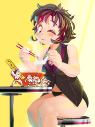 Rule 34 | 1girl, amoretta (yukiman), black hair, black panties, black shirt, black vest, bowl, breasts, brown eyes, character request, chinese spoon, chopsticks, collared shirt, commentary request, crop top, eating, feet out of frame, food, highres, holding, holding chopsticks, holding spoon, medium breasts, mole, mole under eye, multicolored hair, noodles, one eye closed, open mouth, original, panties, ramen, red hair, shirt, sitting, sleeveless, sleeveless shirt, spoon, stool, streaked hair, table, two-tone hair, underwear, vest, virtual youtuber, yukiman