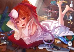 Rule 34 | + +, 1girl, absurdres, barefoot, blush, crane (machine), fang, headpiece, highres, lab coat, long hair, long sleeves, looking at viewer, lying, official art, ole tower, on stomach, open mouth, orange hair, plier, ponytail, screw, sleeves past wrists, solo, tools, water pump pliers (ole tower), wrench