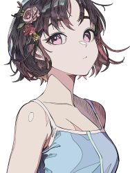Rule 34 | 1girl, bare shoulders, blue shirt, brown hair, flat color, flower, from side, hair flower, hair ornament, haruxxxsanekaki, highres, looking at viewer, messy hair, original, purple eyes, shirt, short hair, simple background, sleeveless, sleeveless shirt, solo, spaghetti strap, upper body, white background