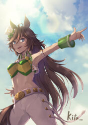 Rule 34 | 1girl, :d, ahoge, animal ears, arm strap, armpits, blue eyes, blue sky, breasts, brown hair, cloud, commentary request, cowboy shot, crop top, day, green shirt, hair between eyes, hair ornament, hairclip, hat, highres, horse ears, kita (kita 2021), long hair, looking at viewer, medium breasts, midriff, mini hat, mini top hat, mr. c.b. (umamusume), navel, open mouth, outstretched arm, pants, partial commentary, revision, shirt, sky, smile, solo, standing, stomach, strapless, strapless shirt, top hat, umamusume, very long hair, vest, white hat, white pants, white vest, wrist cuffs