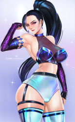 Rule 34 | 1girl, badcompzero, bare shoulders, black hair, breasts, commentary, earrings, elbow gloves, gloves, high ponytail, highres, jewelry, k/da (league of legends), k/da kai&#039;sa, kai&#039;sa, large breasts, league of legends, lips, lipstick, long hair, makeup, purple eyes, sideboob, skindentation, solo, thighs