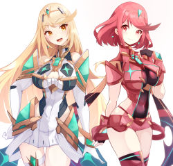 Rule 34 | bare legs, bare shoulders, black gloves, blonde hair, breasts, chest jewel, cleavage, cleavage cutout, clothing cutout, dress, earrings, elbow gloves, fingerless gloves, gloves, highres, jewelry, large breasts, long hair, mythra (xenoblade), pyra (xenoblade), red eyes, red hair, red legwear, red shorts, risumi (taka-fallcherryblossom), short dress, short hair, short shorts, shorts, swept bangs, thigh strap, thighhighs, tiara, very long hair, white dress, white gloves, xenoblade chronicles (series), xenoblade chronicles 2, yellow eyes