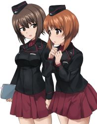 Rule 34 | 10s, 2girls, absurdres, ashiwara yuu, black jacket, black skirt, blush, brown eyes, brown hair, cowboy shot, dress shirt, garrison cap, girls und panzer, hat, highres, holding, jacket, long sleeves, looking at another, military, military uniform, multiple girls, nishizumi maho, nishizumi miho, notebook, official style, open mouth, parted lips, pleated skirt, red shirt, red skirt, shirt, siblings, simple background, sisters, skirt, smile, standing, uniform, white background