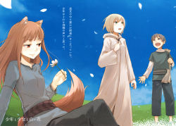 Rule 34 | 00s, 1boy, 2girls, animal ears, ayakura juu, ayres, brown hair, character request, day, flower, highres, holo, klass, long hair, multiple girls, nora arento, red eyes, robe, sitting, sky, spice and wolf, tail, translation request, wolf ears, wolf tail