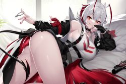 Rule 34 | 1girl, :q, absurdres, ahoge, antennae, arknights, ass, bed sheet, black gloves, black jacket, black shorts, breasts, closed mouth, demon girl, demon horns, demon tail, fingerless gloves, gloves, grey hair, gun, high-waist shorts, highres, horns, izulizuru, jacket, large breasts, long sleeves, looking at viewer, lying, multicolored hair, nail polish, on bed, on side, open clothes, open jacket, red eyes, red nails, shirt, short hair, shorts, single glove, smile, solo, suspender shorts, suspenders, tail, tank top, thighs, tongue, tongue out, two-tone hair, underbust, unzipped, w (arknights), weapon, white shirt