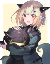 Rule 34 | 1girl, animal, arknights, black shirt, blonde hair, choker, commentary request, green jacket, hair between eyes, holding, holding animal, horns, jacket, long sleeves, open clothes, open jacket, open mouth, originium slug (arknights), pointy ears, red eyes, sasa onigiri, shirt, short hair, smile, solo, tail, upper body, vanilla (arknights)