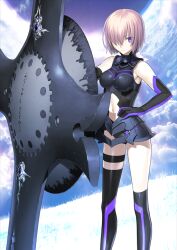 1girl armor asymmetrical_legwear black_armor black_gloves black_leotard clothing_cutout elbow_gloves fate/grand_order fate_(series) feet_out_of_frame gloves hair_over_one_eye hand_on_own_hip holding holding_shield leotard lord_camelot_(fate) mash_kyrielight navel official_art pink_hair purple_eyes purple_gloves purple_leotard shield short_hair solo stomach_cutout takeuchi_takashi thigh_strap two-tone_gloves two-tone_leotard uneven_legwear