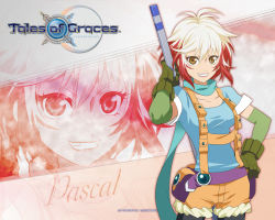 Rule 34 | 1girl, blue shirt, brown eyes, character name, copyright name, detached sleeves, eye focus, gloves, grin, lipstick, logo, makeup, multicolored hair, namco, official art, official wallpaper, pascal (tales), scarf, shirt, smile, solo, tales of (series), tales of graces, two-tone hair, wallpaper, yellow eyes, yellow theme