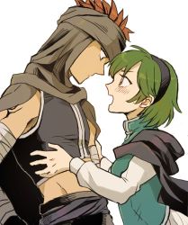 Rule 34 | 1boy, 1girl, bandages, black hairband, blouse, blue shirt, blush, brown hair, closed mouth, couple, eye contact, fire emblem, fire emblem: the blazing blade, green hair, hairband, hetero, jaffar (fire emblem), long sleeves, looking at another, looking down, looking up, nino (fire emblem), nintendo, noshima, open mouth, shirt, short hair, simple background, sleeveless, smile, standing, white background