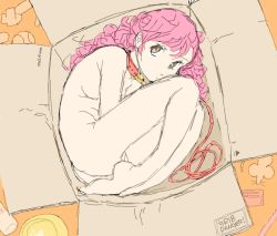 Rule 34 | 1girl, animal collar, ass, bad id, bad pixiv id, barefoot, baseball, bowl, box, breasts, brown eyes, collar, cote, curled up, curly hair, full body, in box, in container, leash, long hair, looking up, milk, mouse (animal), nude, orange background, original, pink hair, small breasts, solo