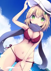 Rule 34 | 1girl, :o, ahoge, arm up, armpits, bare arms, bare shoulders, bikini, blonde hair, blue scarf, blue sky, blush, breasts, cameltoe, cleavage, cloud, day, dutch angle, flower, fringe trim, front-tie top, gabriel dropout, gluteal fold, green eyes, green flower, groin, hair between eyes, hair flower, hair ornament, hand on headwear, hat, highres, kyuukon (qkonsan), light brown hair, looking at viewer, medium breasts, navel, open mouth, outdoors, red bikini, scarf, side-tie bikini bottom, sky, solo, standing, sun hat, swimsuit, tapris chisaki sugarbell, wading, white hat
