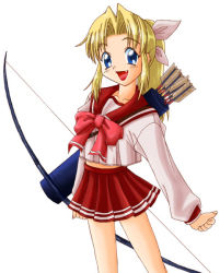 Rule 34 | arrow (projectile), blonde hair, blue eyes, bow (weapon), fang, miyauchi lemmy, non-web source, ponytail, school uniform, solo, to heart, to heart (series), weapon