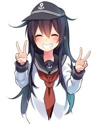 Rule 34 | 10s, 1girl, ^ ^, akatsuki (kancolle), black hair, blush, closed eyes, commentary request, double v, flat cap, grin, hat, highres, kantai collection, long hair, neckerchief, red neckerchief, school uniform, serafuku, simple background, smile, solo, suruga (xsurugax), upper body, v, white background