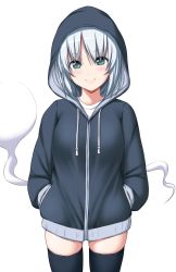Rule 34 | 1girl, alternate costume, black jacket, black thighhighs, blush, casual, closed mouth, commentary request, contemporary, cowboy shot, drawstring, green eyes, hands in pockets, highres, hood, hood up, hooded jacket, jacket, konpaku youmu, konpaku youmu (ghost), long sleeves, looking at viewer, nori tamago, pink lips, short hair, silver hair, simple background, smile, solo, thighhighs, thighs, touhou, white background, zettai ryouiki