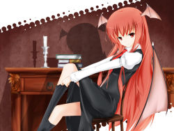 Rule 34 | 1girl, bad id, bad pixiv id, bat wings, book, candle, candlestand, cover-d, dressing, embodiment of scarlet devil, female focus, head wings, koakuma, long hair, necktie, red eyes, red hair, red necktie, socks, solo, touhou, wings