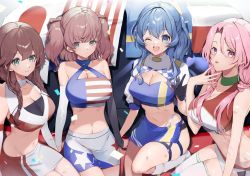 Rule 34 | 4girls, alternate costume, alternate hairstyle, american flag, american flag print, arm warmers, atlanta (kancolle), bandeau, black gloves, blue bandeau, blue eyes, blue hair, boots, braid, breasts, brown hair, checkered clothes, cleavage, cleavage cutout, clothing cutout, commentary, confetti, cowboy shot, crop top, flag, flag print, gloves, gotland (kancolle), green eyes, grey eyes, hair between eyes, half gloves, halterneck, high heels, highleg, highleg panties, highres, italian flag, japanese flag, kantai collection, large breasts, long hair, looking at viewer, low twintails, luigi di savoia duca degli abruzzi (kancolle), midriff, miniskirt, mole, mole under eye, multiple girls, navel, noshiro (kancolle), official alternate costume, open mouth, panties, parted lips, picoli1313, pink eyes, pink hair, ponytail, race queen, sidelocks, sitting, skirt, sleeveless, smile, star (symbol), swedish flag, swept bangs, thigh strap, thighhighs, twin braids, twintails, two side up, underwear, white legwear, white panties