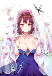 Rule 34 | 1girl, alt (ctrldel), atelier (series), atelier sophie, bare shoulders, blue dress, blush, breasts, bridal veil, brown eyes, bug, butterfly, cleavage, collarbone, commentary request, dress, elbow gloves, fairy, flower, gloves, hair flower, hair ornament, highres, insect, looking at viewer, medium breasts, petals, red hair, short hair, sleeveless, sleeveless dress, smile, solo, sophie neuenmuller, strapless, strapless dress, veil