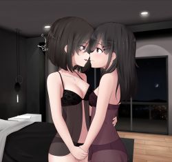 Rule 34 | 2girls, arm around waist, babydoll, balcony, bed, bedroom, black hair, black panties, blanket, blue eyes, blush, breasts, brown eyes, ceiling, cityscape, cleavage, collarbone, crescent moon, freckles, hair ornament, hairclip, holding hands, hand on another&#039;s shoulder, highres, jewelry, light, lingerie, long hair, looking at another, medium breasts, moon, mountain, multiple girls, necklace, night, nightstand, open mouth, original, panties, parted lips, pillow, purple panties, rug, samlizzy71, short hair, sky, smile, star (sky), starry sky, teeth, treble clef, underwear, underwear only, wall, window, yuri
