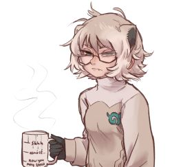 Rule 34 | breasts, coffee, coffee mug, commentary, crooked eyewear, cup, english commentary, english text, fang, frown, grey hair, grimace, highres, holding, holding cup, japari symbol, kemono friends, kemono friends 3, meerkat (kemono friends), meerkat ears, meerkat tail, messy hair, mug, scowl, semi-rimless eyewear, short hair, simple background, small breasts, sweater, tateoftot, turtleneck, turtleneck sweater, two-tone sweater