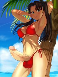Rule 34 | 1girl, armpits, arms behind head, arms up, beach, bikini, blue eyes, blush, breasts, brown hair, bulge, cleavage, elzikyuchi, erection, erection under clothes, fate/stay night, fate (series), futanari, hair ribbon, large breasts, large penis, long hair, looking at viewer, navel, palm tree, penis, ribbon, side-tie bikini bottom, sitakiritubame, smile, solo, standing, swimsuit, testicles, third-party edit, tohsaka rin, tree, uncensored, veins, veiny penis