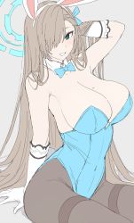 Rule 34 | 1girl, animal ears, arm behind back, arm up, asuna (blue archive), asuna (bunny) (blue archive), bare shoulders, blue archive, blue eyes, blue leotard, bow, bowtie, breasts, cleavage, fake animal ears, gloves, grey hair, grin, halo, hand in own hair, highres, large breasts, leotard, looking at viewer, mobu, mole, mole on breast, navel, pantyhose, playboy bunny, rabbit ears, sketch, skin tight, skindentation, smile, solo, thighs, traditional bowtie, unfinished, white gloves