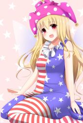 Rule 34 | 1girl, :d, alternate legwear, american flag dress, american flag legwear, bad id, bad twitter id, bare arms, bare shoulders, blonde hair, blush, breasts, clownpiece, dress, fairy wings, fang, frilled shirt collar, frills, from side, hat, highres, jester cap, long hair, looking at viewer, looking to the side, medium breasts, open mouth, pantyhose, polka dot, print pantyhose, red eyes, shiro oolong-cha, shirt, short dress, sitting, sleeveless, sleeveless shirt, smile, solo, star-shaped pupils, star (symbol), star print, striped clothes, striped dress, symbol-shaped pupils, touhou, very long hair, wariza, wings